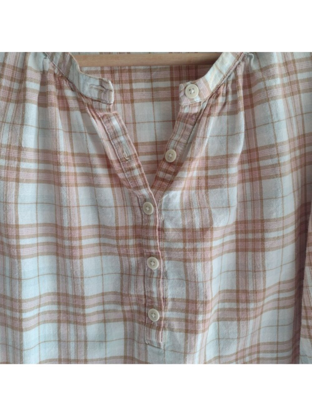 Reformation Plaid Blouse S Soft Peach Tan Light Academia Cotton Top - Picture 3 of 10